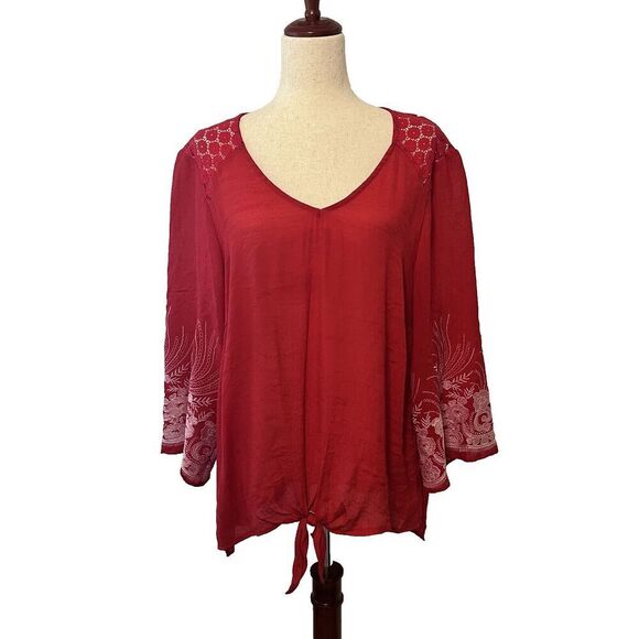 Fig & Flower Womens Peasant Top Size 2x Red Embroidered V Neck Lightweight Boho - Picture 1 of 9